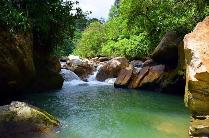 Río de aguas verdes entre rocas y vegetación cerca de Acacías